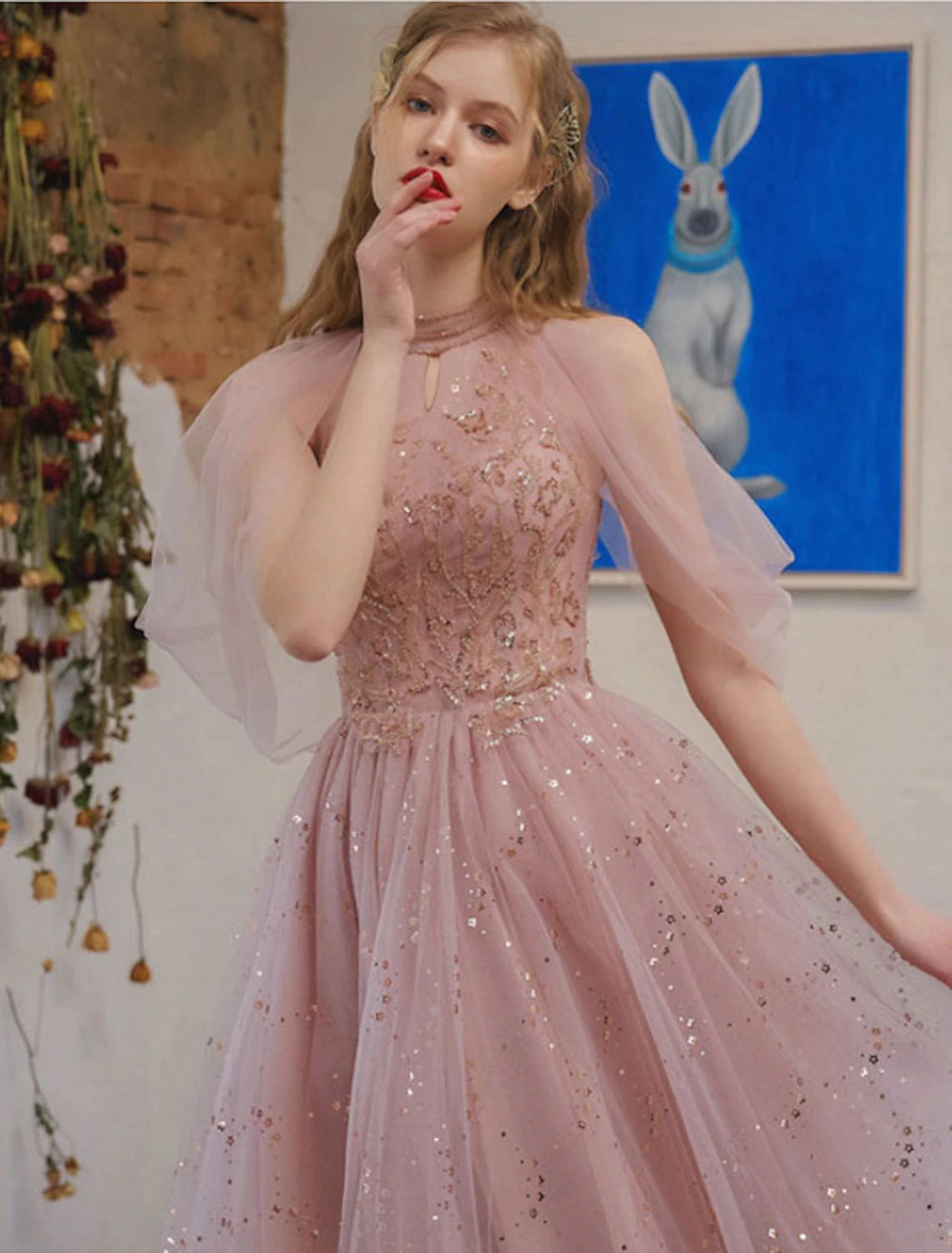 Vestido de cóctel de corte A, vestido de fiesta, vestido de compromiso, largo hasta la rodilla, manga 3/4, cuello joya, tul con apliques de lentejuelas