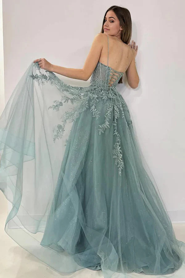 A-Line V Neck Tulle Lace Long Prom Dress