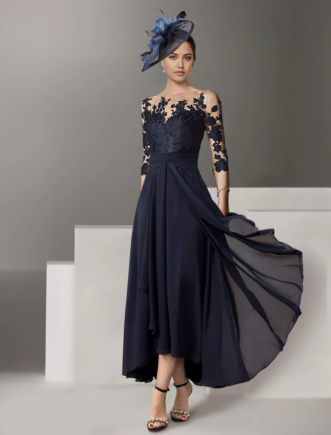 A-Line Cocktail Dresses Elegant Dress Wedding Guest Asymmetrical 3/4 Length Sleeve Jewel Neck Stretch Satin with Appliques free custom size