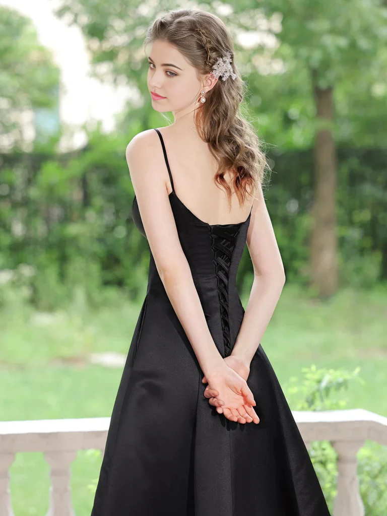 A Line V Neck Tea Length Satin Black Prom Dresses Formal Evening Homecoming Dresses