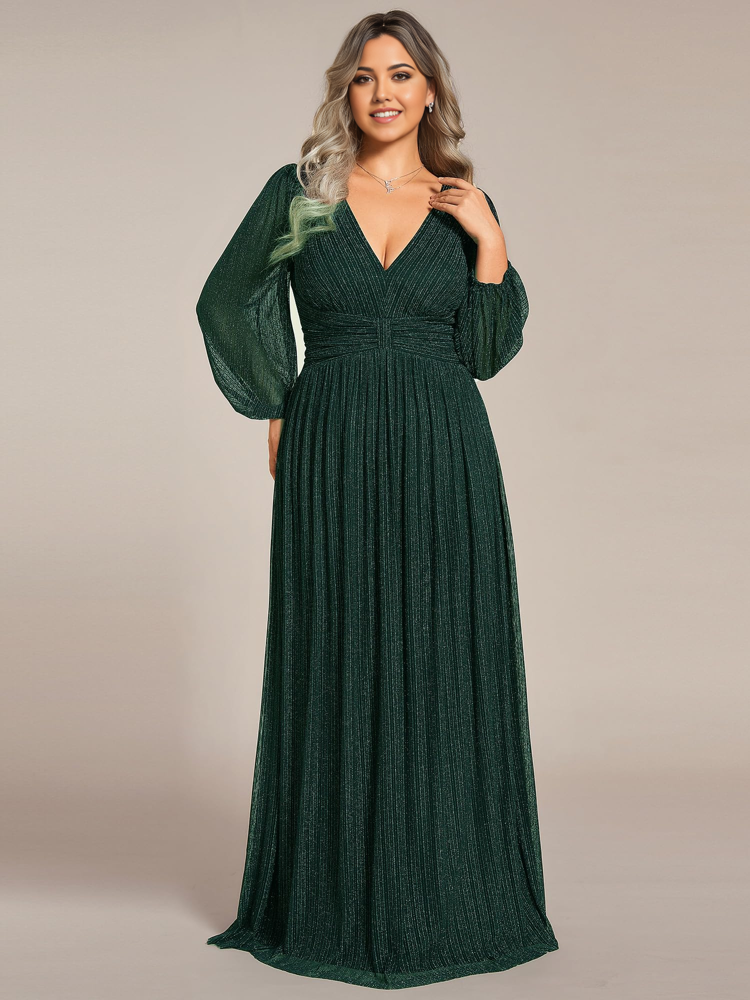 Plus Size A-line V Neck Pleated Floor Length Glitter Long Sleeves evening gown formal dress Prom Dresses