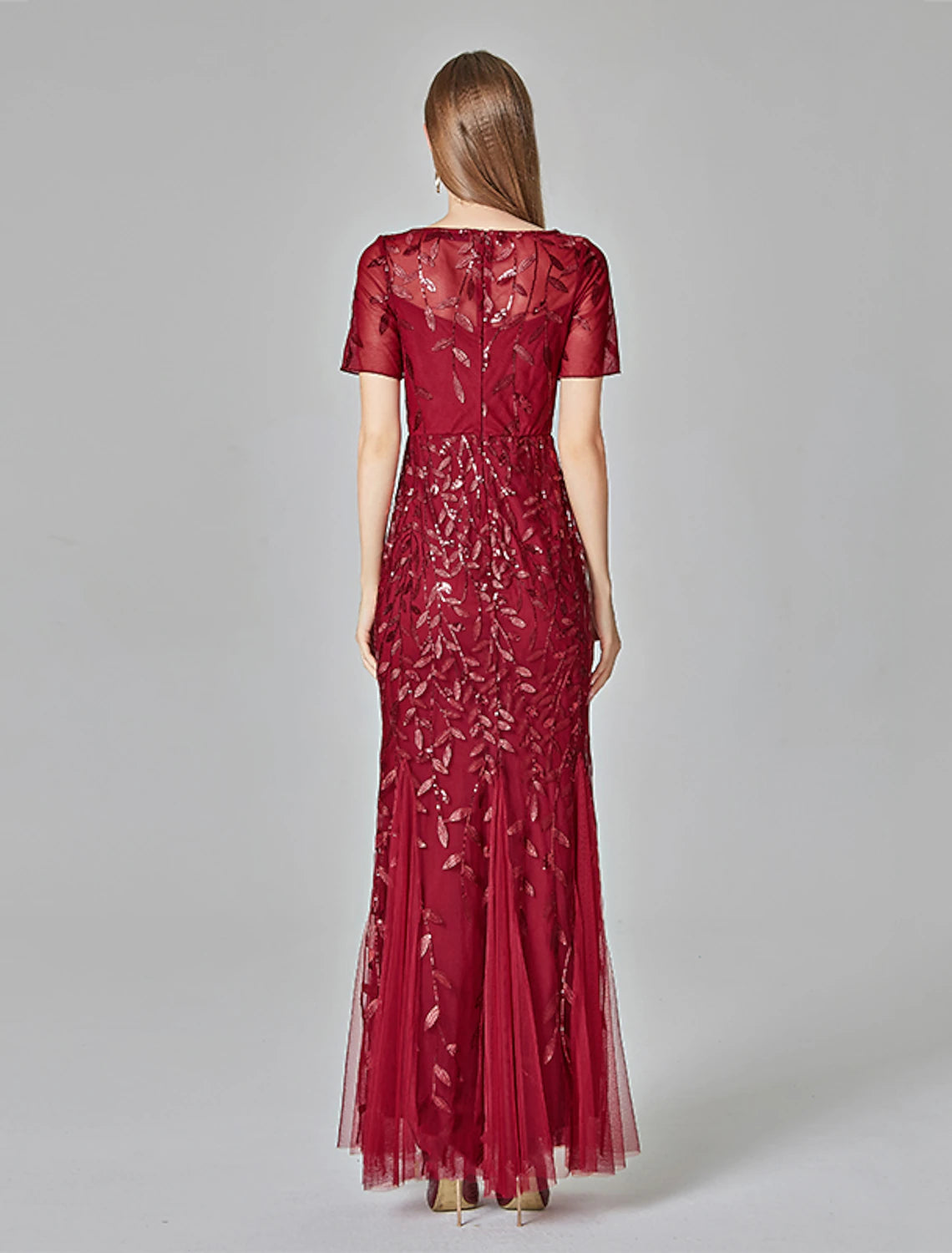 Vestido de noche estilo sirena/trompeta, estilo imperio, para graduación, largo hasta el suelo, manga corta, cuello joya, para invitada de boda de otoño, tul con bordado