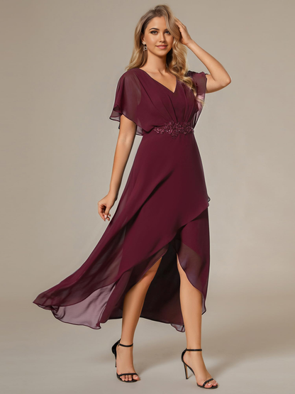 A Line V Neck Applique Tea Length evening gown formal dress Prom Dresses