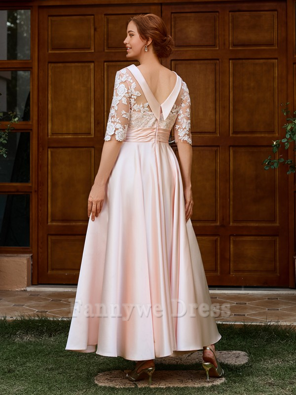 A-line Elegant Appliques Lace 1/2 Sleeves Ankle-Length Satin formal dresses evening gown Prom Dress Mother of the Bride Dress