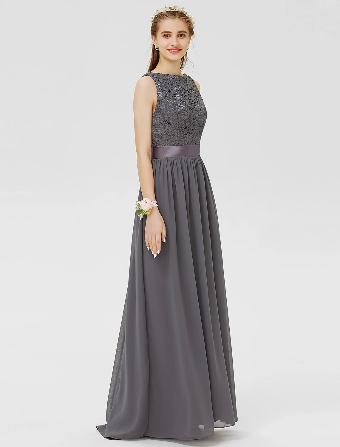 Vestido de dama de honor con corte tubo/columna, largo hasta el suelo, de gasa/encaje floral, con encaje/faja/cinta/plisado