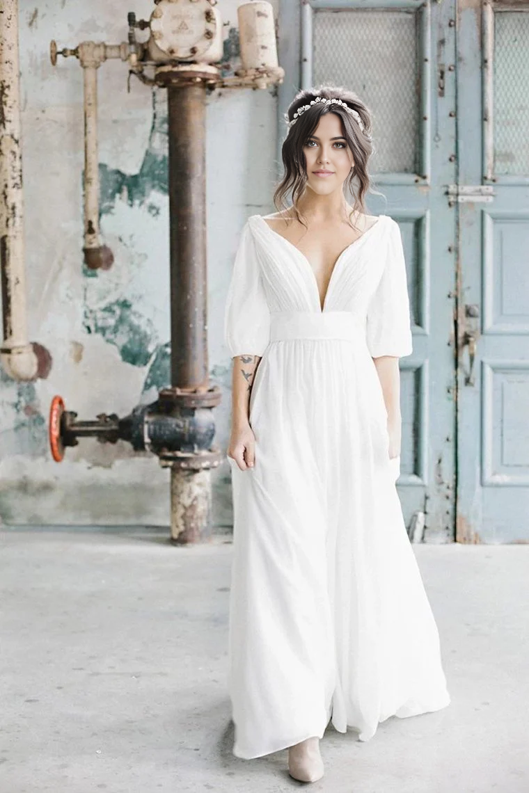 A Line Simple V Neck Ivory Half Sleeves Chiffon Wedding Dresses