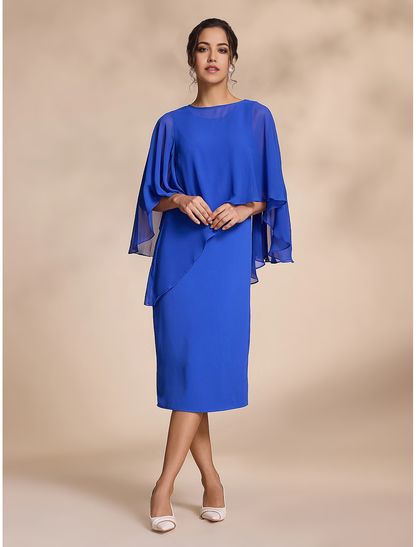 Two Piece Blue Chiffon Causal Round Sleeve Midi Mother of the Bride Dress dress to impress