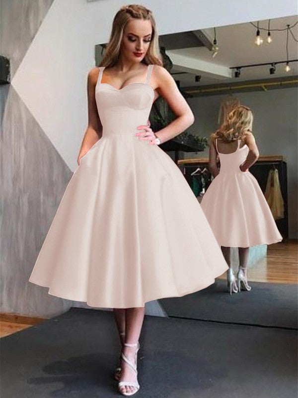 A-Line Straps Satin Sleeveless With Ruffles Tea-Length Dresses