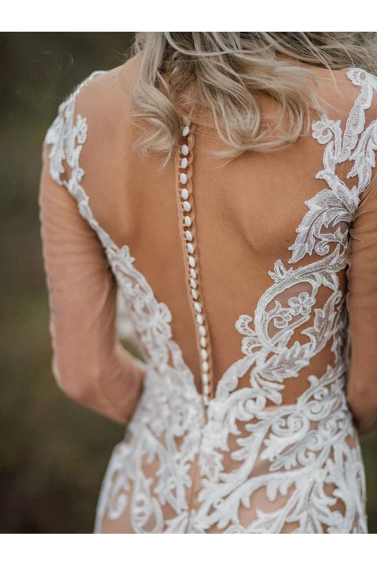 Boho Mermaid V-Neck Long Sleeves Appliques Ball Gown Bride Dresses Wedding Dress