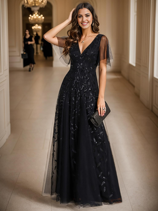 A-Linie Pailletten Glitzer V-Ausschnitt Kurzarm Abendkleid formelles Kleid Ballkleider 