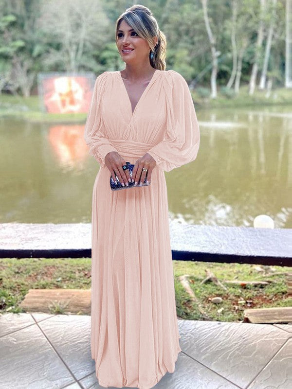A-Line/Princess Chiffon Ruffles V-neck Long Sleeves Floor-Length Mother of the Bride Dresses