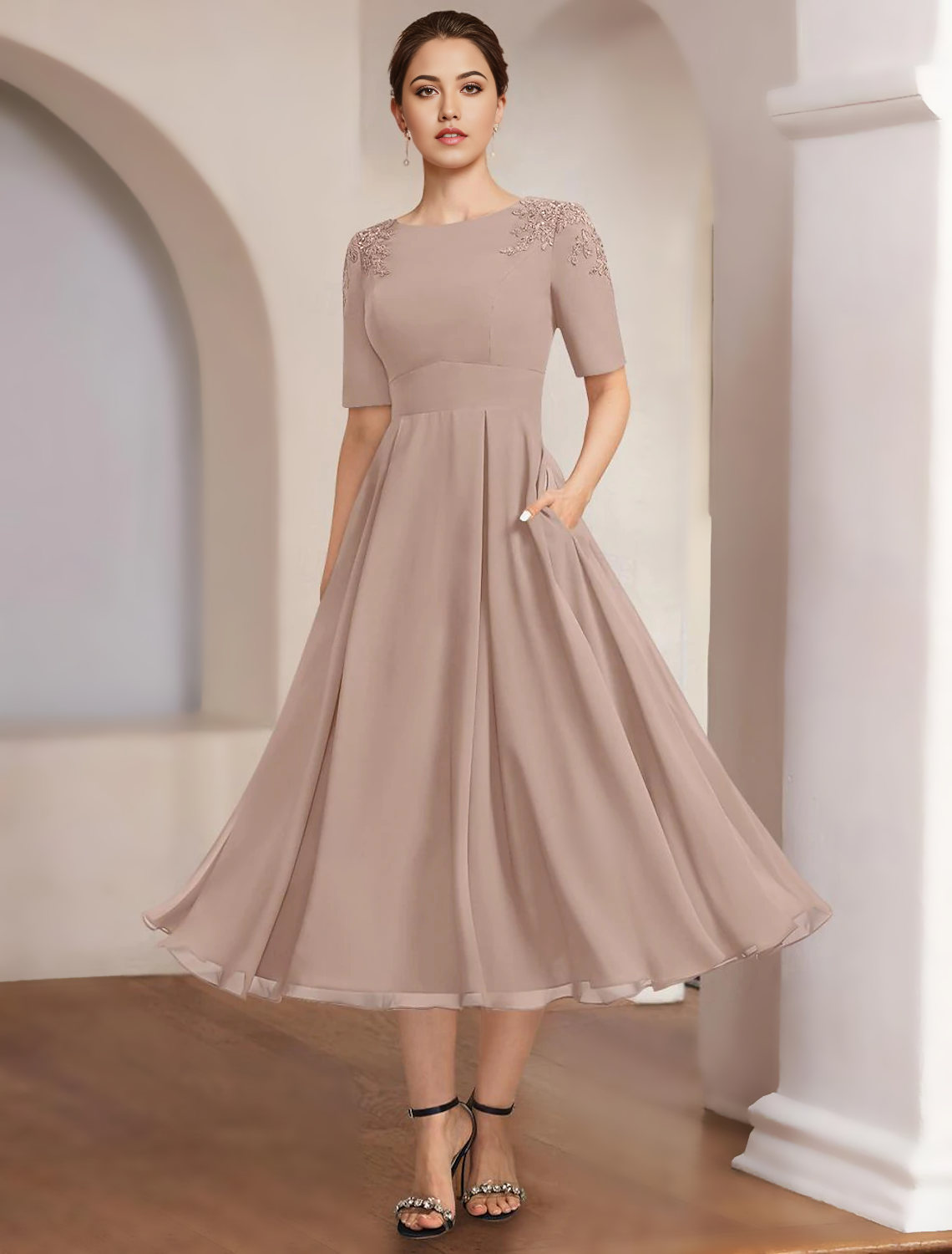 A-Line Mother of the Bride Dress Formal Elegant Bateau Neck Tea Length Chiffon Half Sleeve with Lace free custom size