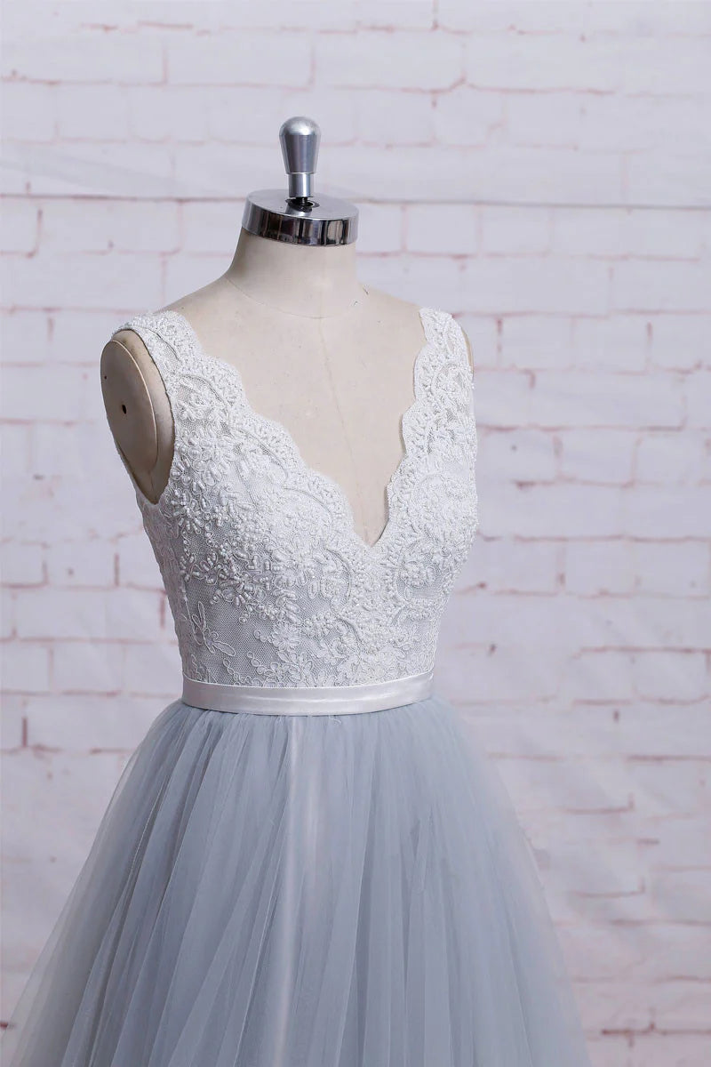 v neck lace tulle long prom dress