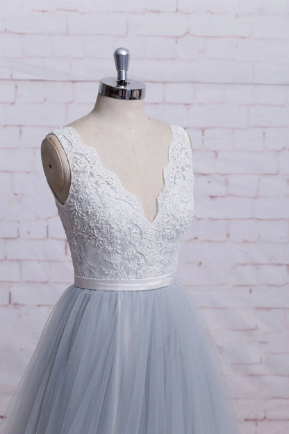 v neck lace tulle long prom dress