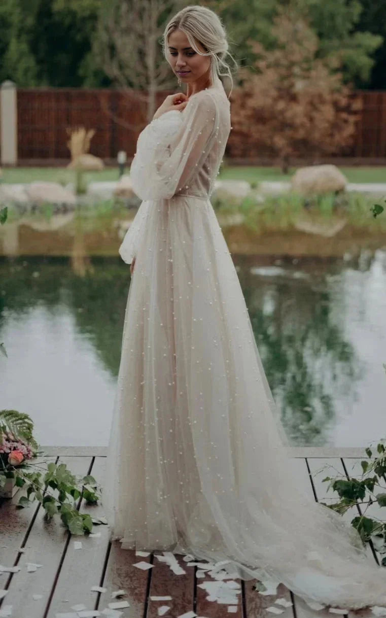 Vestidos de novia de tul con ilusión, corte A, sencillos, modestos, de manga larga