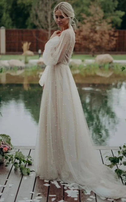 Vestidos de novia de tul con ilusión, corte A, sencillos, modestos, de manga larga