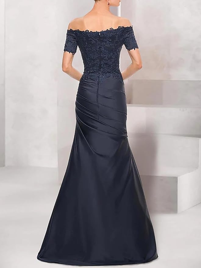 Mermaid Elegant Vintage Off-the-shoulder V-neck Satin Lace Ruffles Mother of the Bride Wedding Guest Dress
