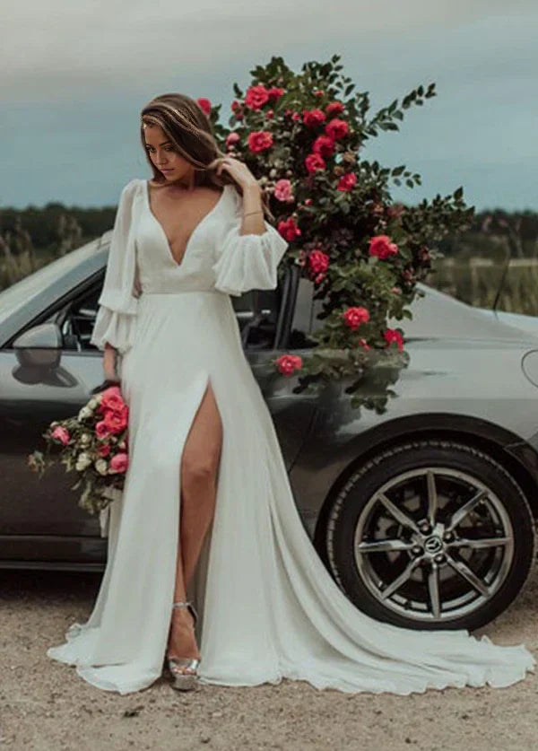 A-Line Beach V-Neck Long-Sleeve High Slit Romantic Chiffon Wedding Dresses