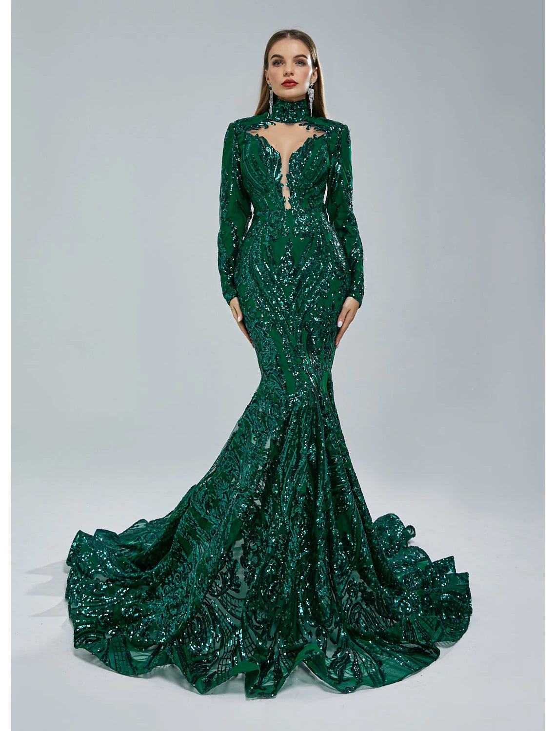 Mermaid / Trumpet Evening Gown Elegant Dress Engagement Court Train Long Sleeve Stand Collar Lace with Sequin