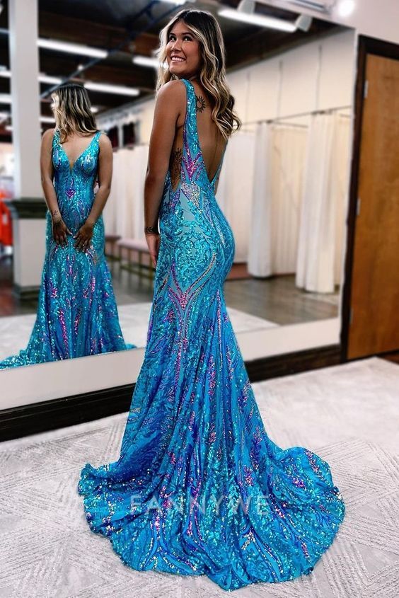 Mermaid Charming V Neck Sequin Lace Long formal dresses Bridesmaid Dresses evening gown Prom Dress