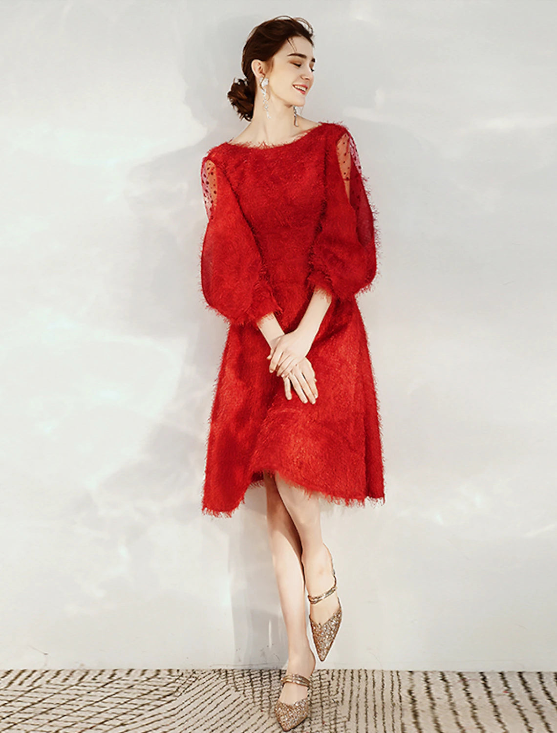 Vestido de cóctel de corte A, estilo princesa, largo hasta la rodilla, manga 3/4, cuello joya, nailon con faja/cinta, color puro.