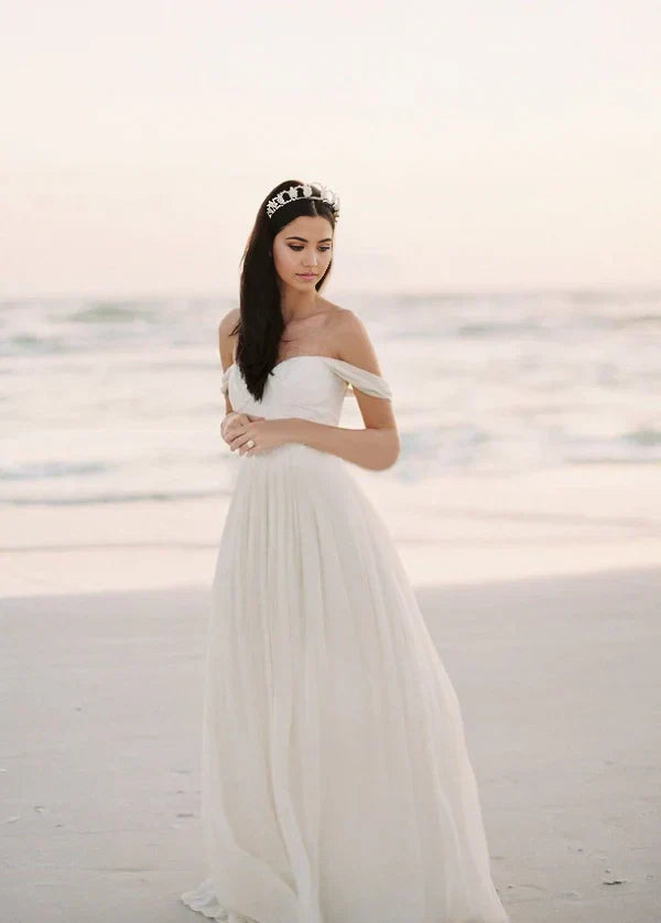 A-line Off-the-Shoulder Backless Beach Chiffon Wedding Dress with Lace Bodice