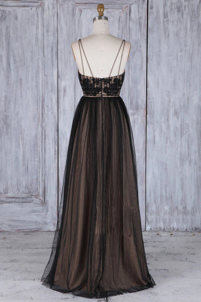 V neck lace tulle long prom dress