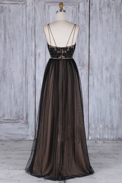 V neck lace tulle long prom dress