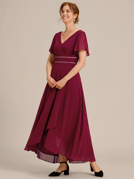 A-Linie V-Ausschnitt Rüschenärmel Plissee Chiffon Abendkleider Brautjungfernkleider Abendkleid Ballkleid 