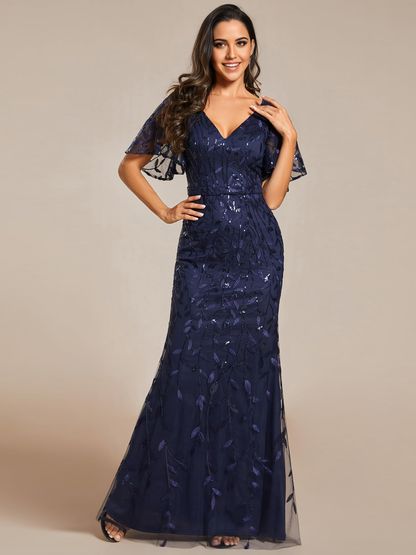 Sheath Ruffles Sleeves Sequin Embroidery evening gown formal dress  Mother of The Bride Dress Prom Dresses