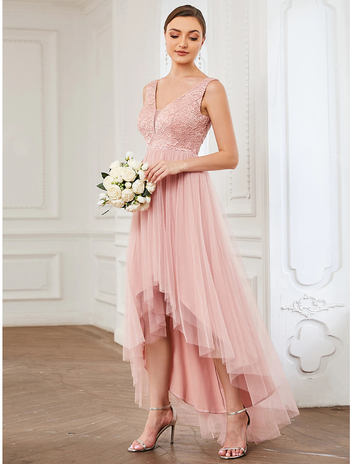 A-Line Bridesmaid Dress V Neck Sleeveless Elegant Short / Mini Lace / Tulle with Draping  / Ruching