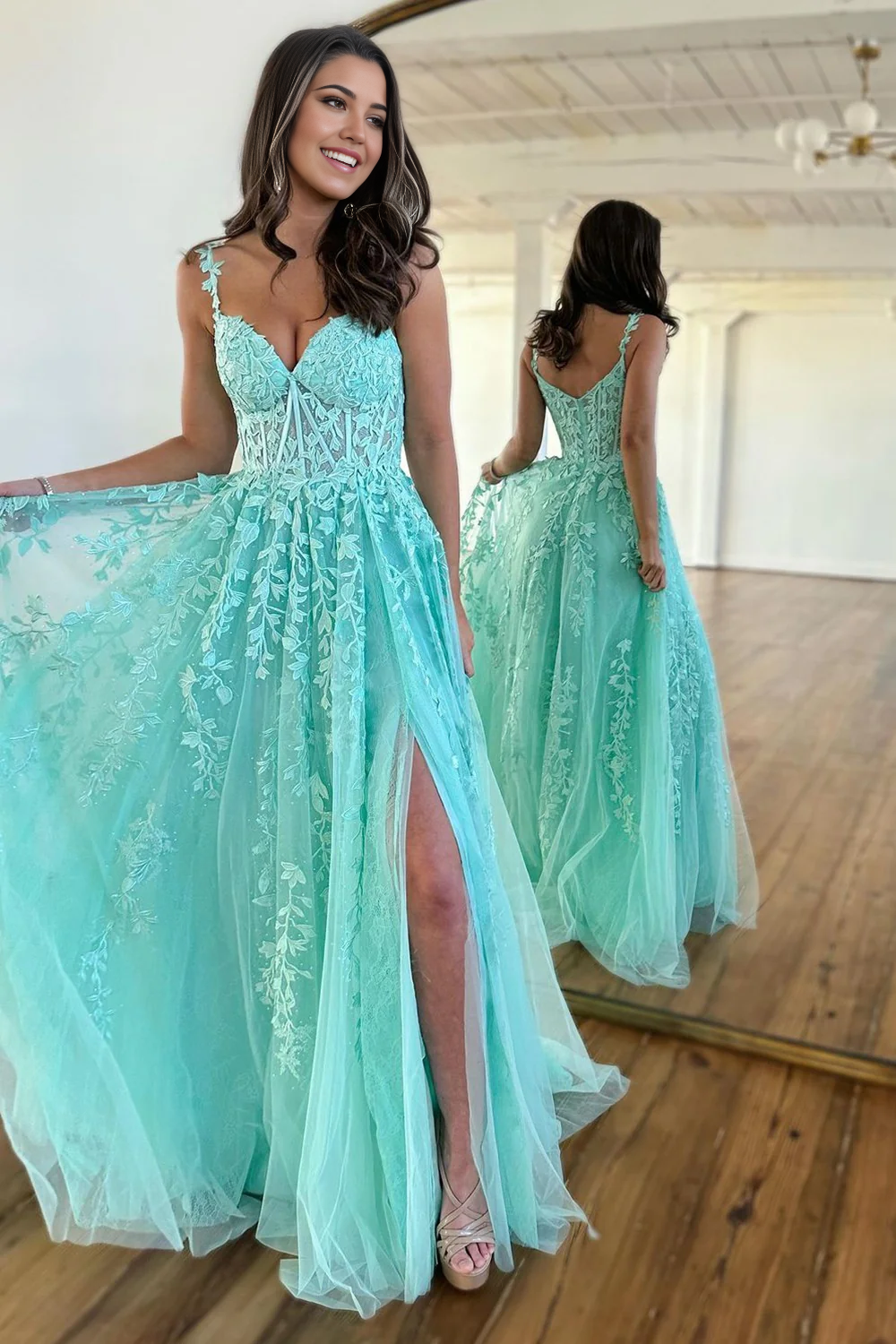 A-Linie Spaghettiträger Reißverschluss hinten Langes lila Tüll-Ballkleid mit Applikationen 