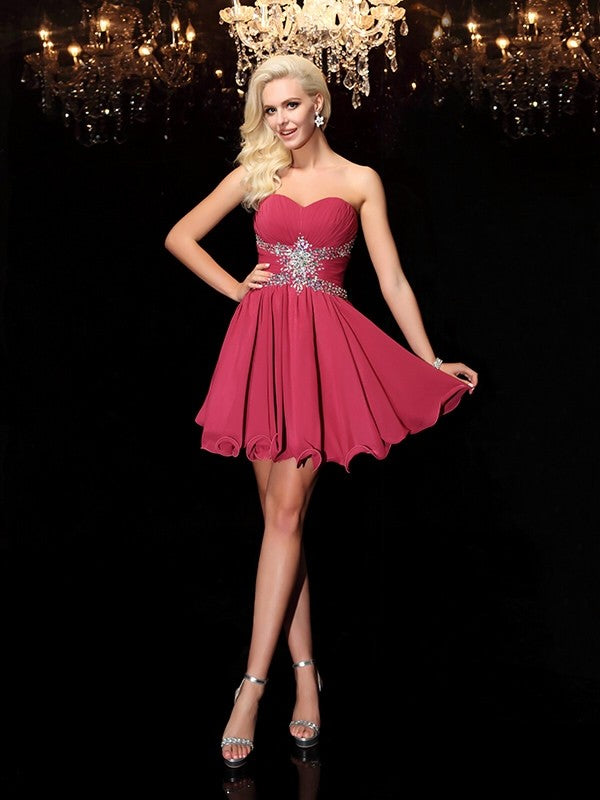 A-Line Chiffon Sweetheart Sleeveless Short/Mini With Rhinestone Dresses