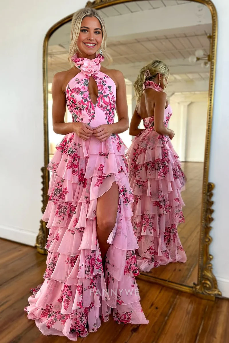 Sheath Halter Cute Floral Printed Chiffon Tiered formal dresses Bridesmaid Dresses evening gown Prom Dress with Slit
