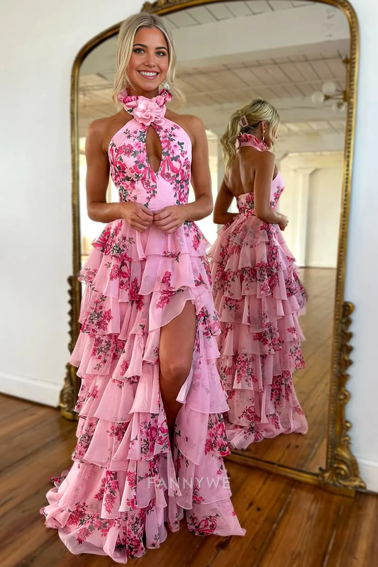 Sheath Halter Cute Floral Printed Chiffon Tiered formal dresses Bridesmaid Dresses evening gown Prom Dress with Slit