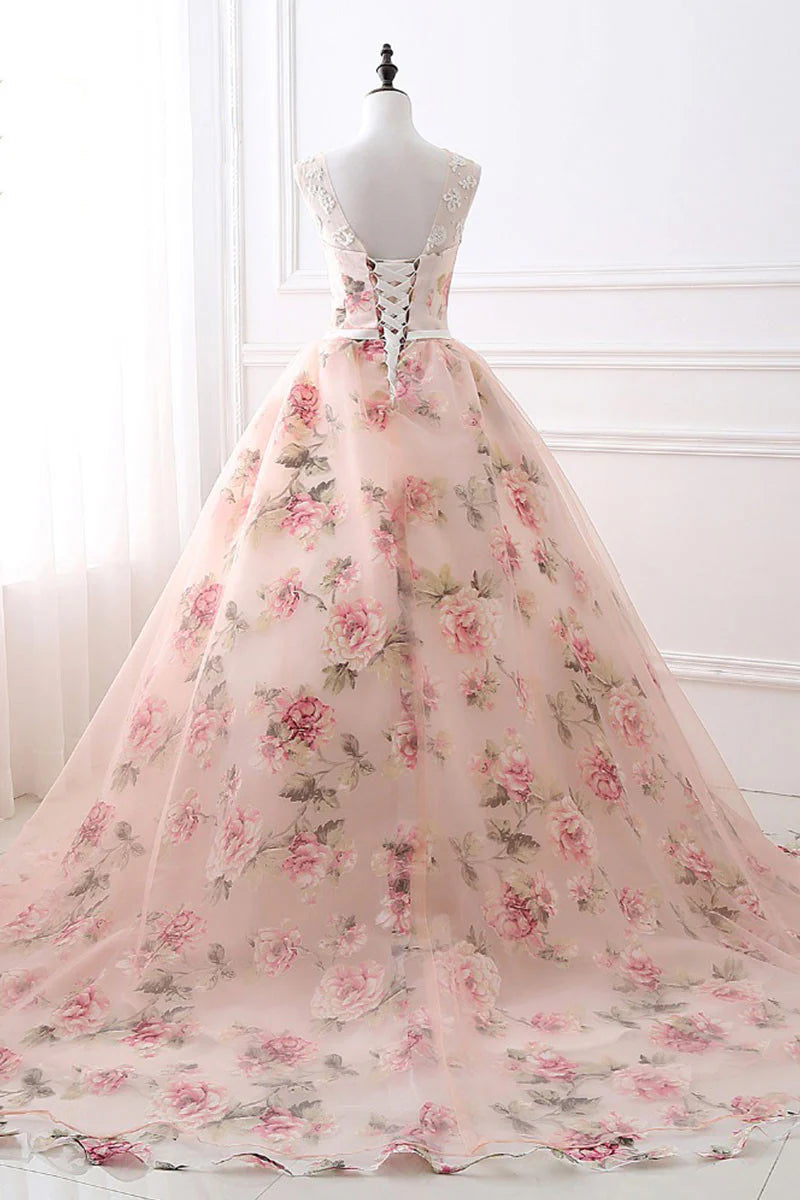 Round neck printing long prom gown