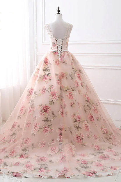 Round neck printing long prom gown
