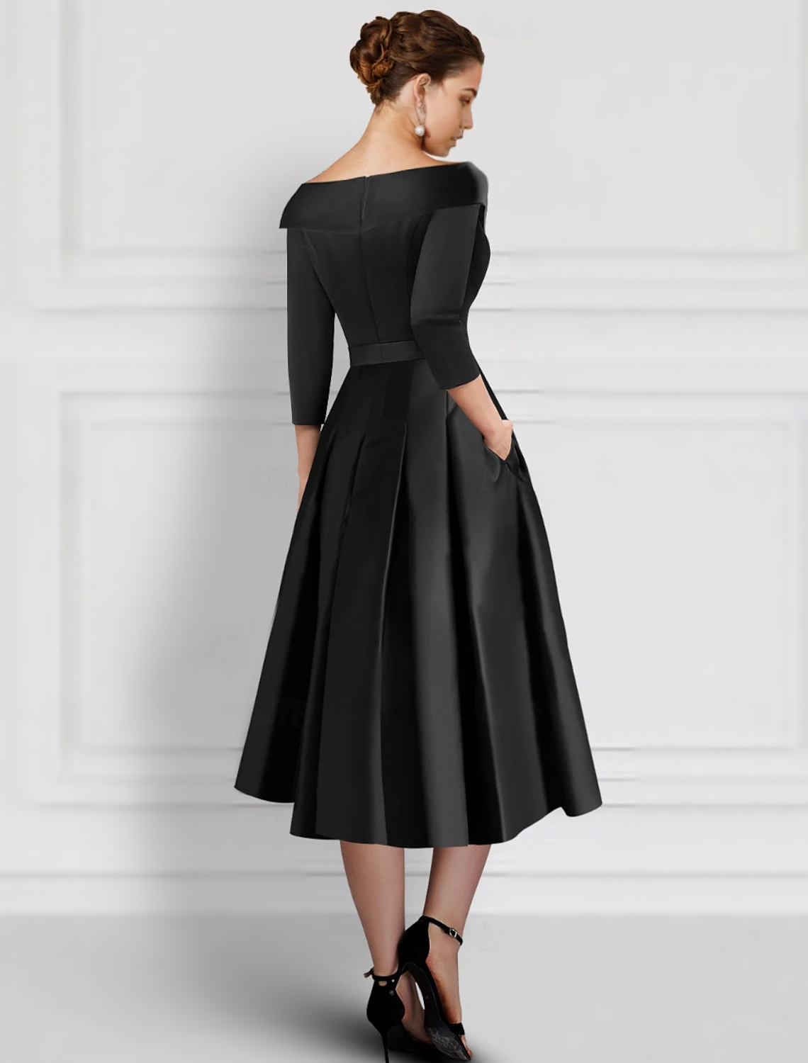 Black Purple Embroidered A-Line Cocktail Dresses Mother of Bride Elegant Formal Ankle Length 3/4 Length Sleeve Shirt Collar Pocket Satin with Appliques