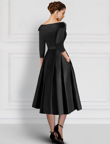 Black Purple Embroidered A-Line Cocktail Dresses Mother of Bride Elegant Formal Ankle Length 3/4 Length Sleeve Shirt Collar Pocket Satin with Appliques
