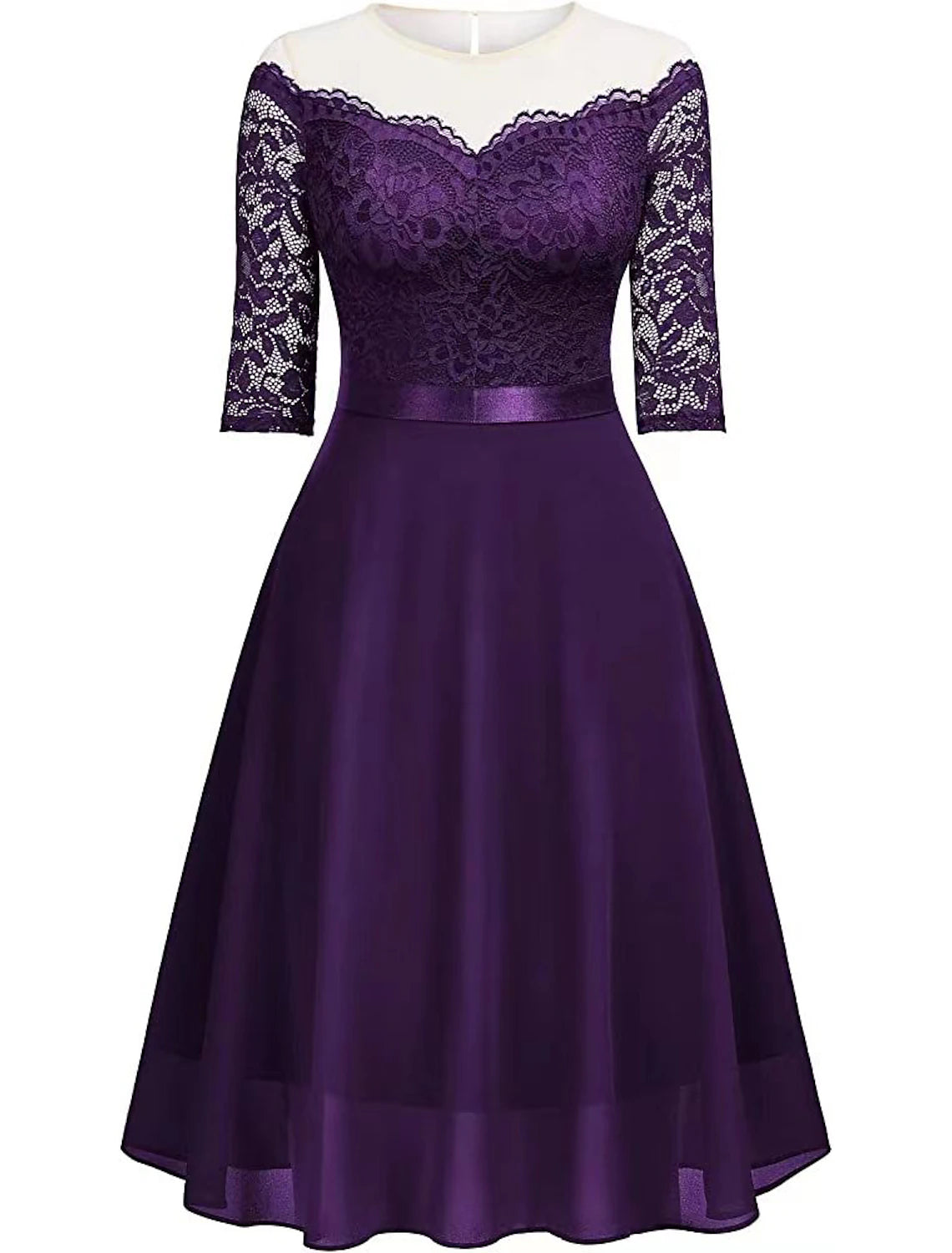 Vestidos de cóctel de corte A, vestido minimalista, vestido de fiesta, largo hasta la rodilla, media manga, cuello joya, encaje con pliegues