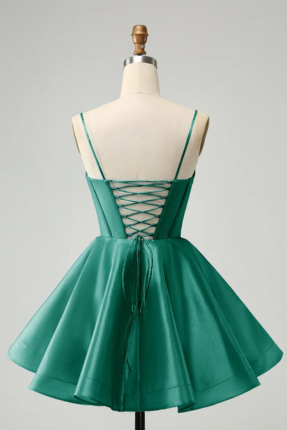 A Line Cute Glitter Spaghetti Straps Corset Homecoming Dress with Beading