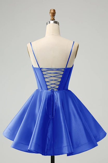 A Line Cute Glitter Spaghetti Straps Corset Homecoming Dress with Beading