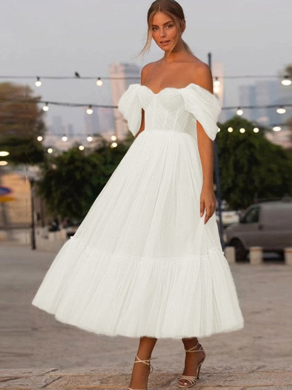 A-Line/Princess Tulle Ruffles Off-the-Shoulder Sleeveless Tea-Length Homecoming Dresses