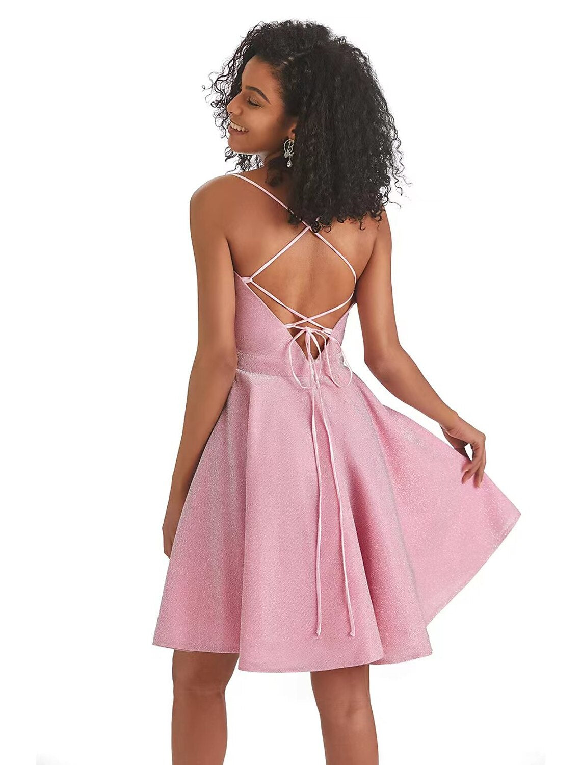 A-Line Homecoming Dresses Backless Dress Graduation Short / Mini Sleeveless Spaghetti Strap Lurex Fabric with Sequin Strappy