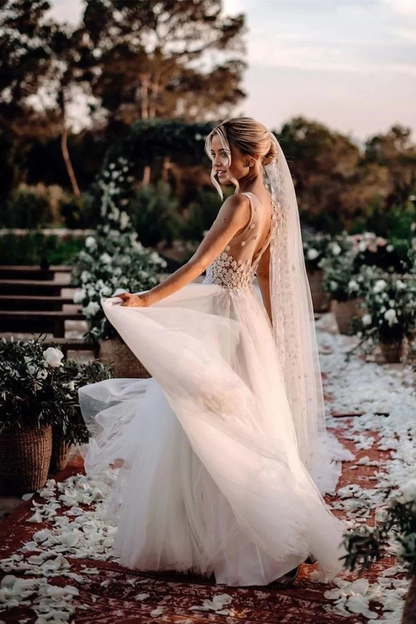 Beach A Line Elegant V Neck Flowers V Back Tulle Bride Dresses Ball Gown Wedding Dresses