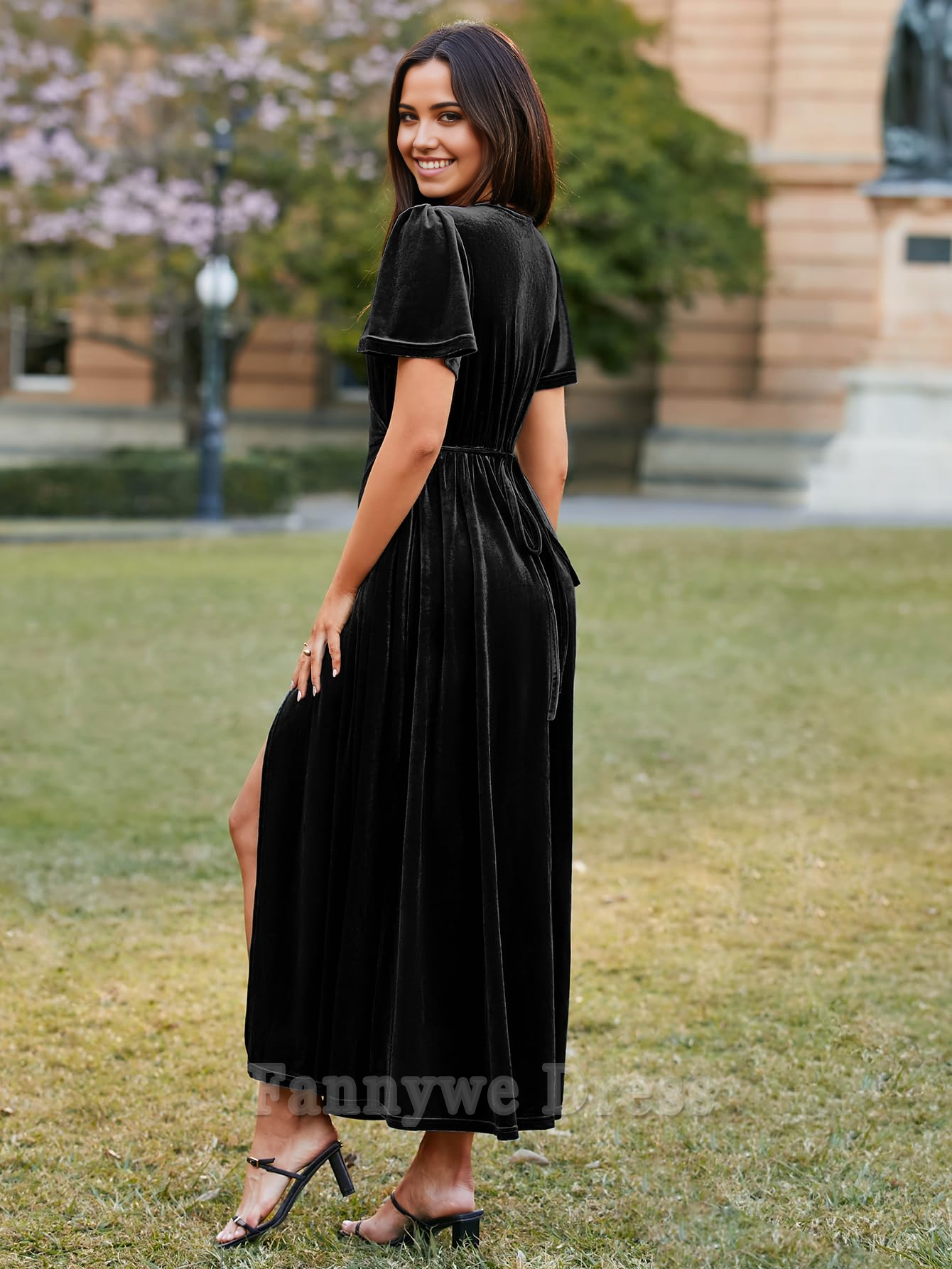 A-line Velvet V Neck Wrap Formal Bell Sleeve Bridesmaid Cocktail Party Long Dresses