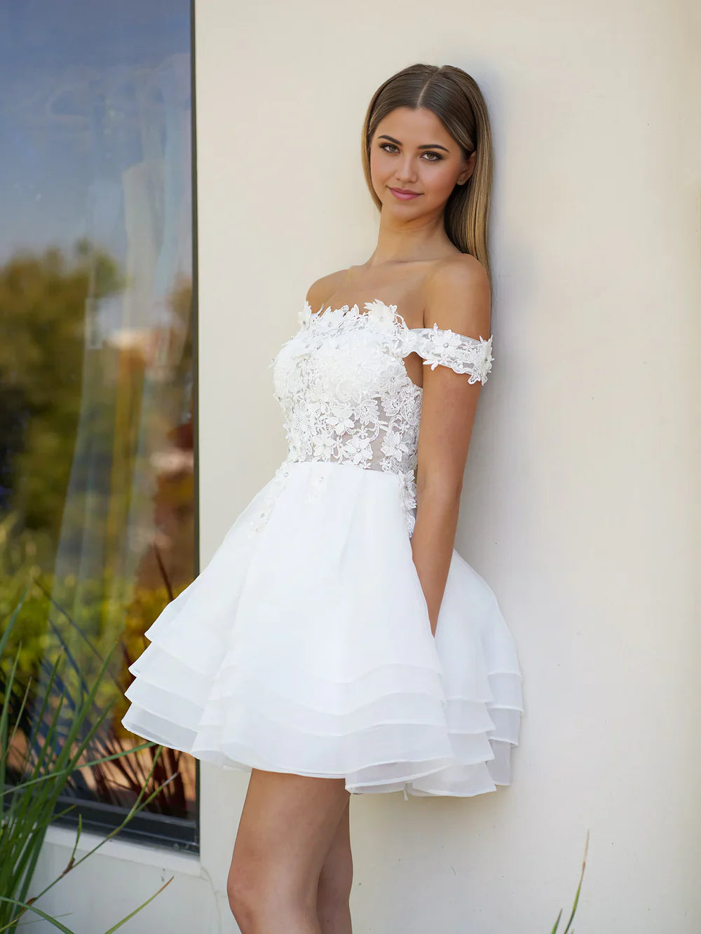 A-Line Lace Organza Appliqued Off-the Shoulder Wedding Dresses
