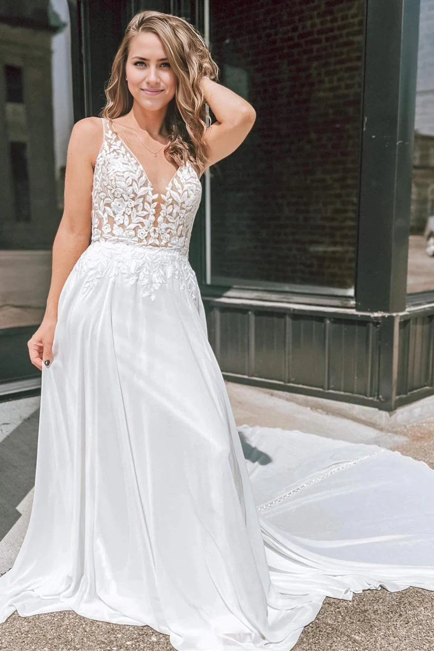 Vestido de novia largo con escote en V, espalda abierta y apliques de corte A