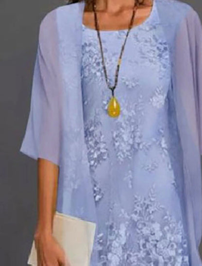 Two Piece Sheath / Column Mother of the Bride Dress Wedding Guest Elegant Jewel Neck Tea Length Chiffon Lace Sleeveless Jacket Dresses with Appliques