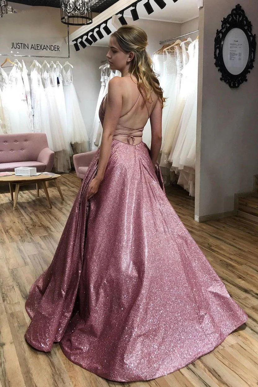 A line Sequins Backless Spaghetti Straps Pink formal dress Evening Prom Dresses